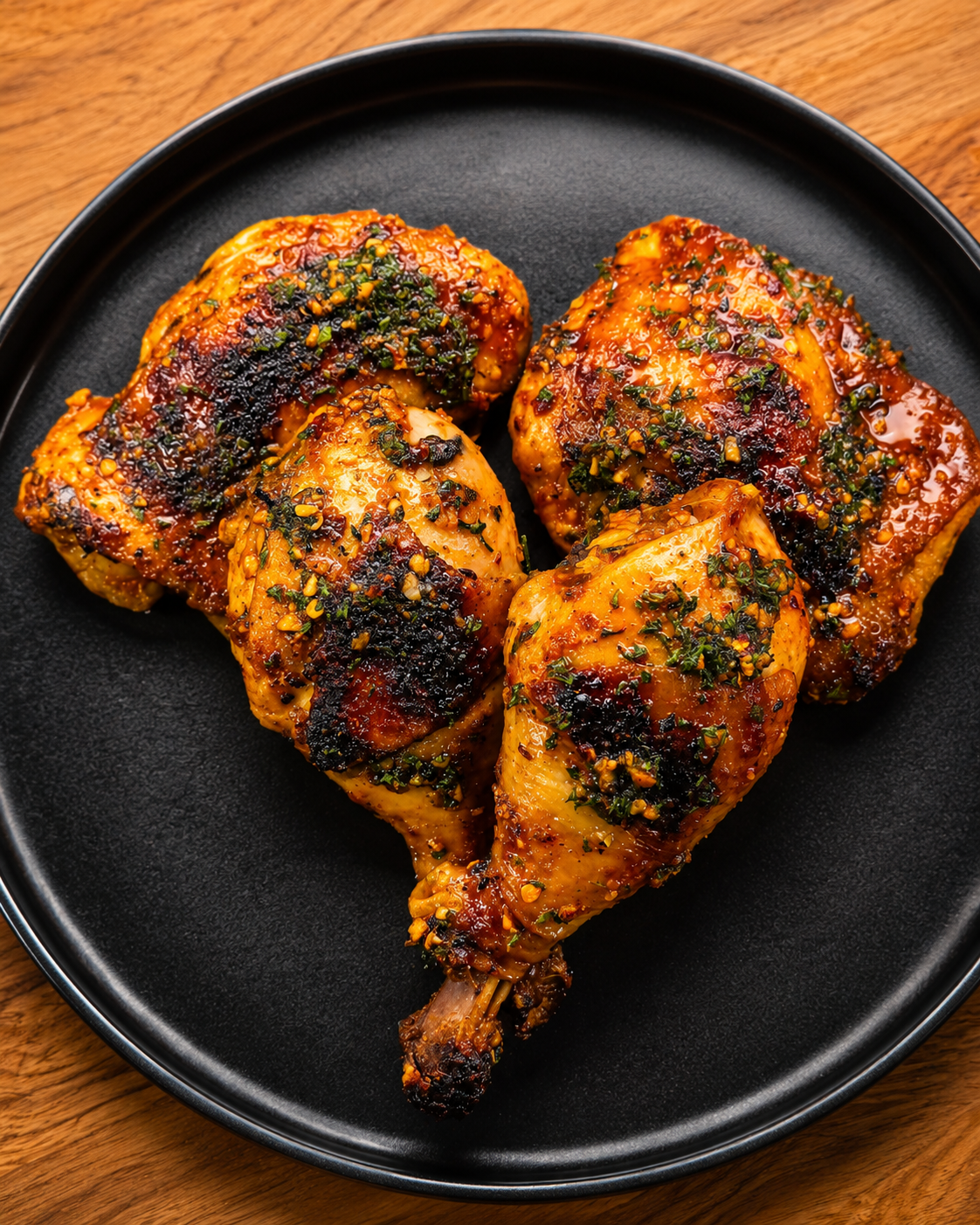 Piri-Piri chili roasted chicken on a black plate for SGT Bee’s Kitchen