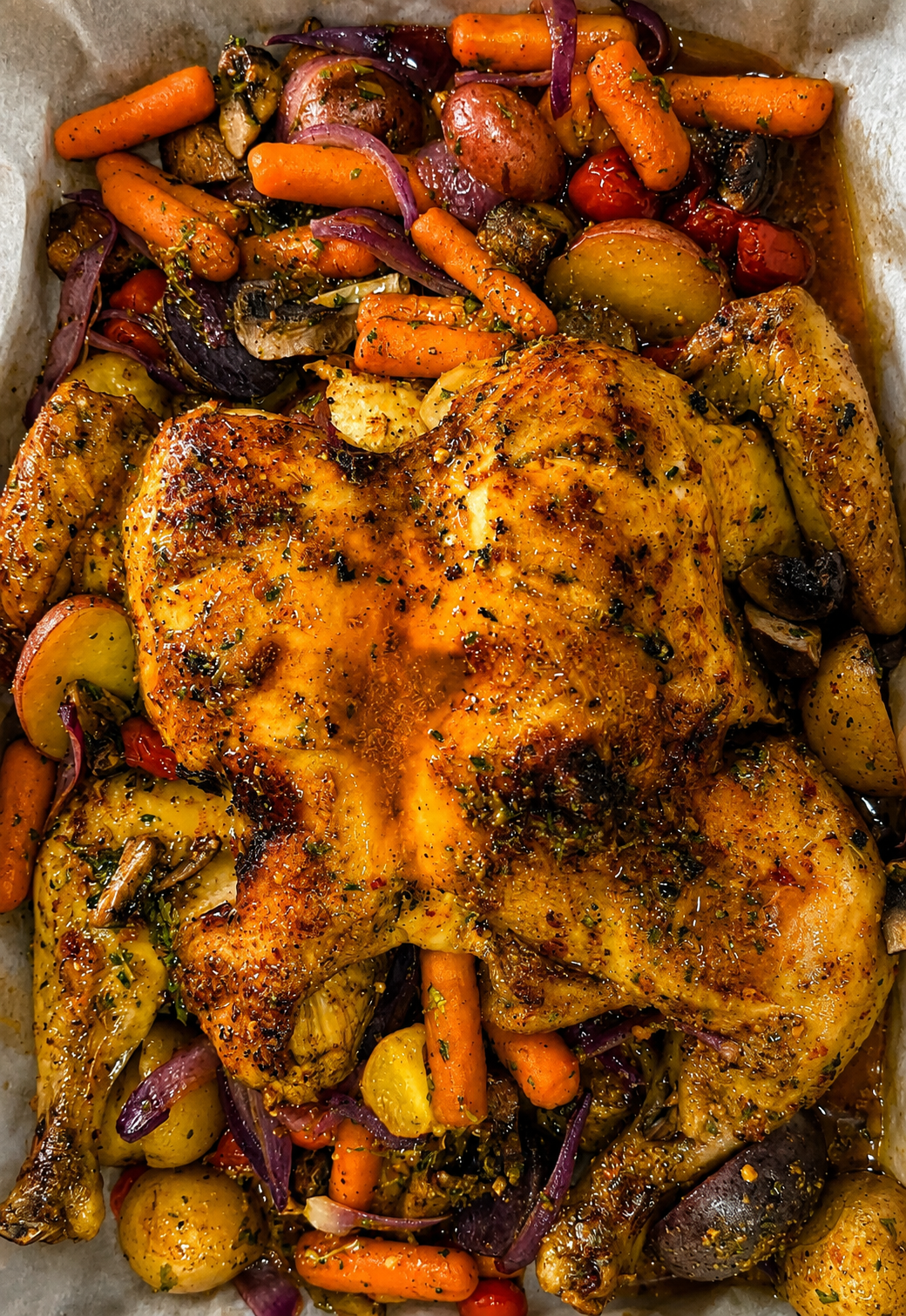 Golden roasted spatchcock chicken with carrots, potatoes, onions, tomatoes, and herbs