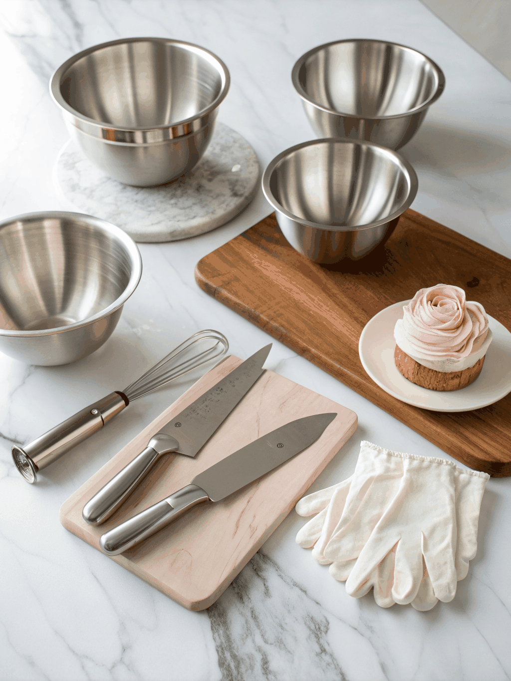 A clean, organized kitchen workstation with professional tools