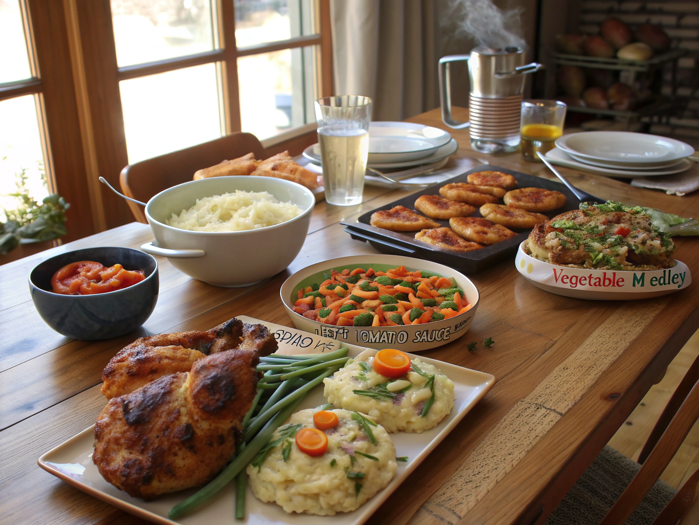 Large family meal spread on a wooden table