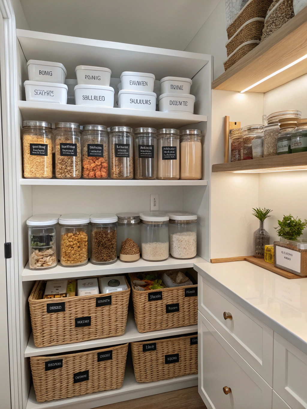 An impeccably organized pantry with labeled jars and clear inventory