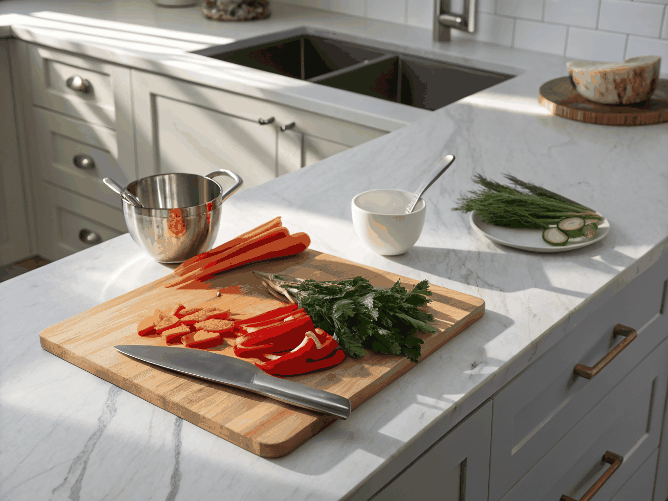 Organized kitchen prep station with fresh ingredients