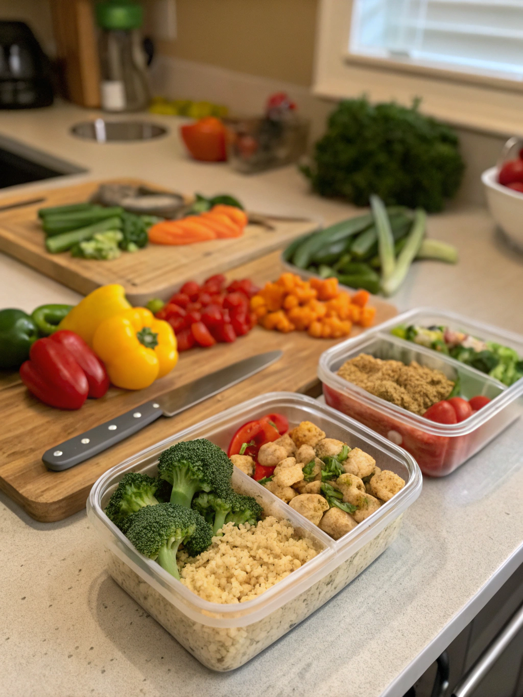 Professional food prep containers organized by ingredient type