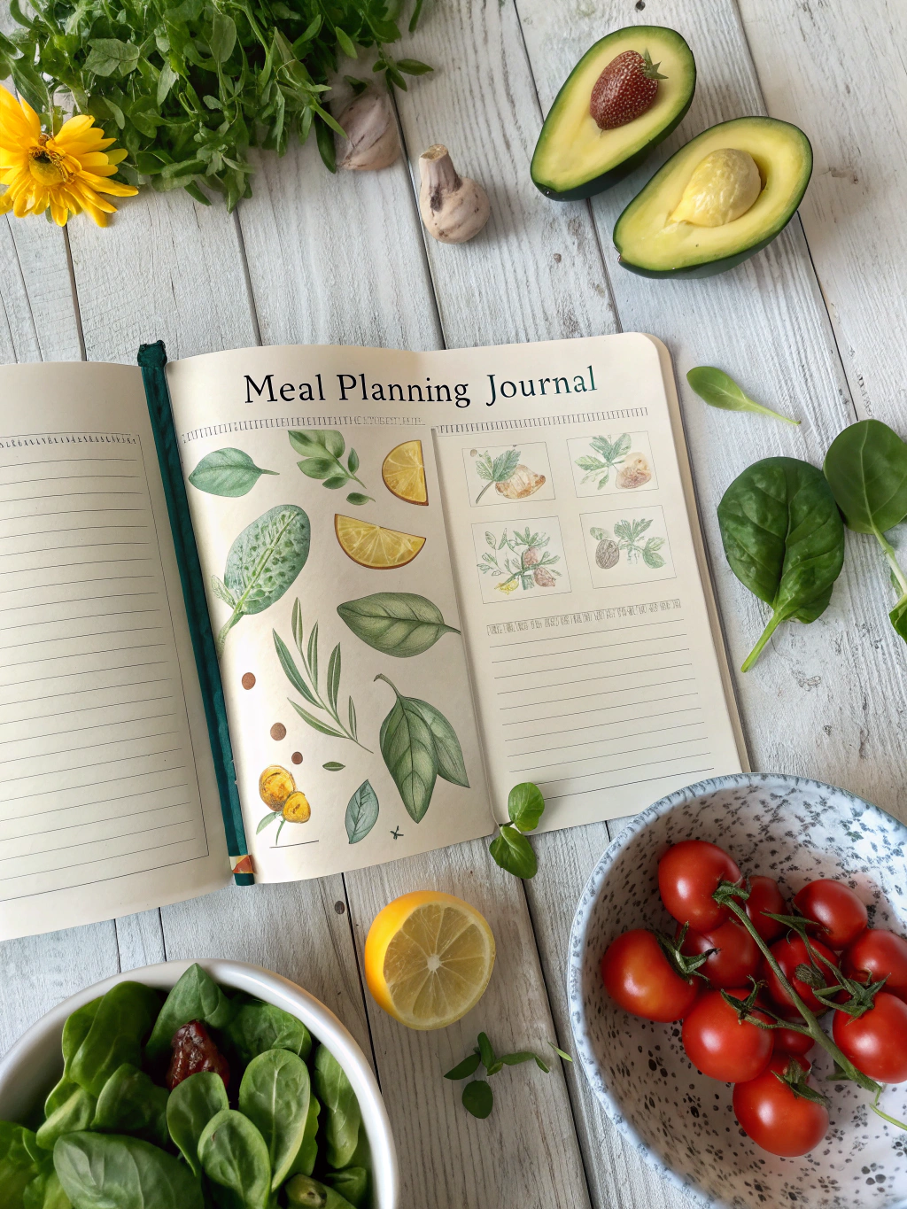 A structured meal planning ledger with handwritten notes and fresh ingredients