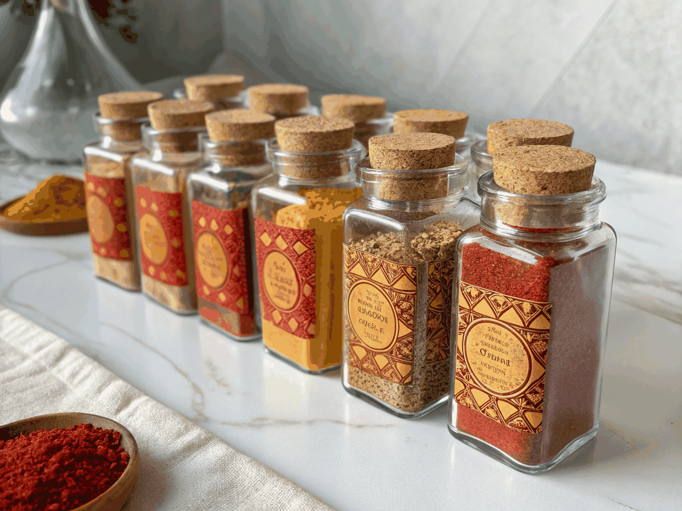 Organized spice jars with tactical labels